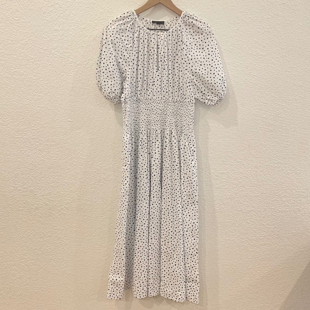 NEW J.Crew Polka Dot Smocked Waist Puff Sleeve Cotton Midi Dress White Navy M - Picture 2 of 9